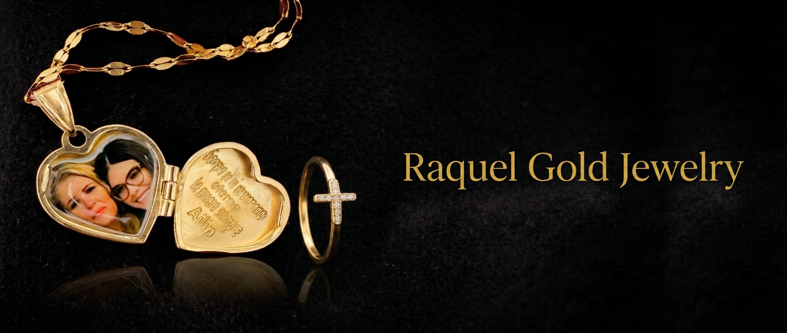 Raquel Gold Jewelry — gold heart locket and diamond cross ring on black velvet